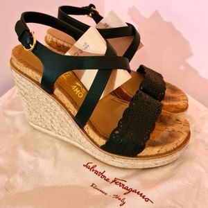 FERRAGAMO Gioela laser-cut leather wedge espadrill
